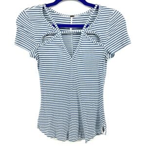 Free People Ribbed Striped Short Sleeve Cut Out Tee